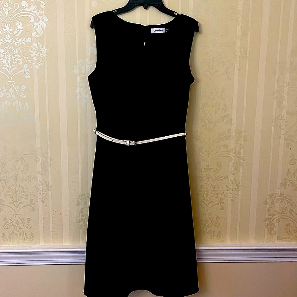 Black, Calvin Klein cocktail dress with white belt
